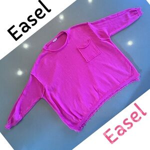 Easel Vibrant Pink Oversized Boyfriend Sweater Pocket Fray Edges Sz Large